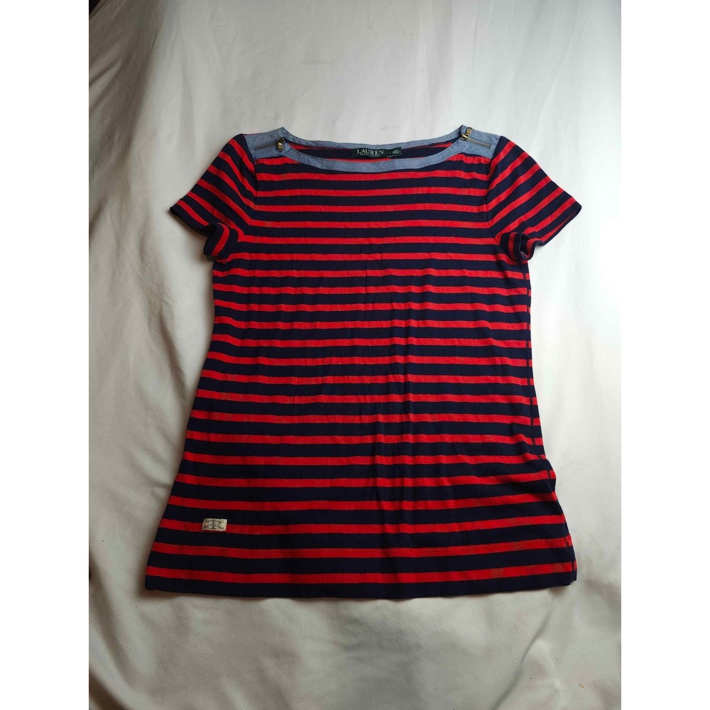 Lauren Ralph Lauren Red Striped Boat Neck Top Womens L